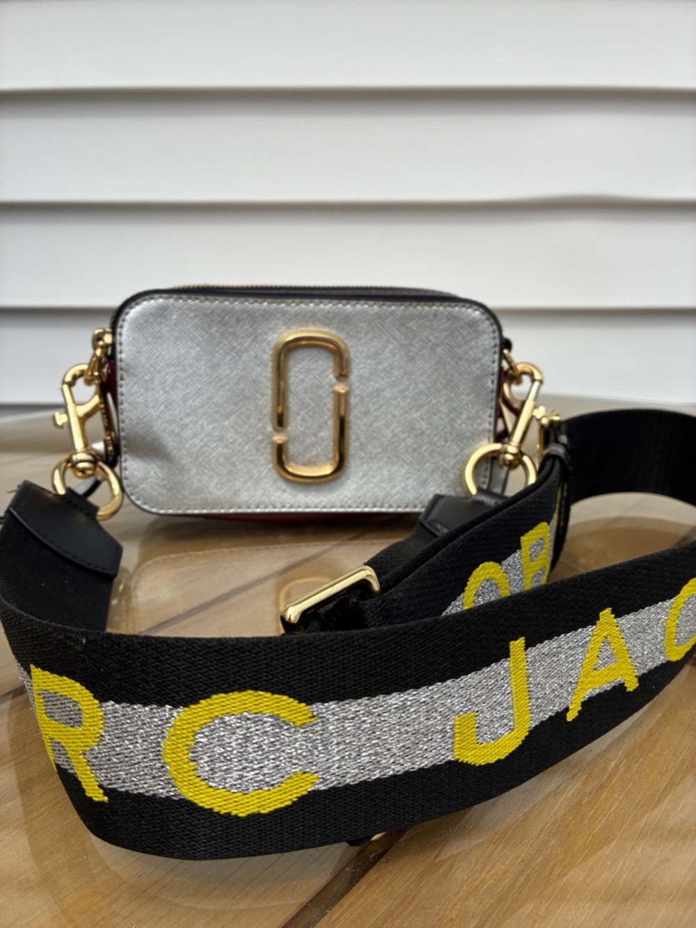 Marc Jacobs Silver Snapshot Compact Crossbody with Black Branded Strap